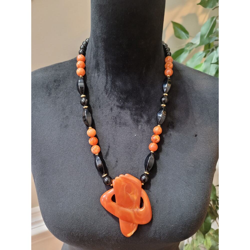 Women's Vintage Orange Black Beaded Statement Necklace Large Pendant Jewelry
